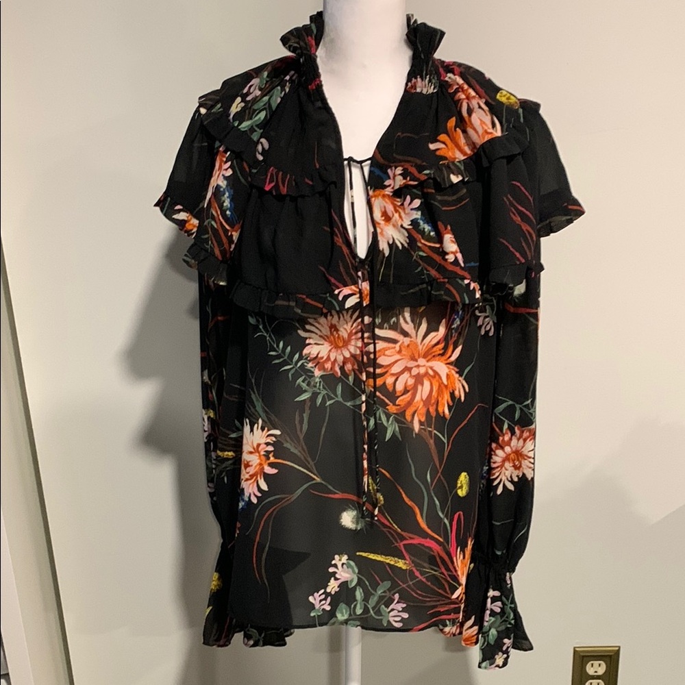 Floral Ruffle Black Blouse Iris Apfell for H & M